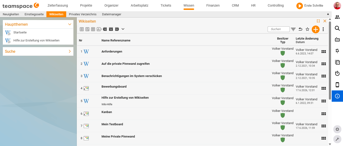 Liste Wikiseiten mit Tabelle (Nr, Name/Referenzname, Besitzer/Typ, Letzte Änderung) und Toolbar