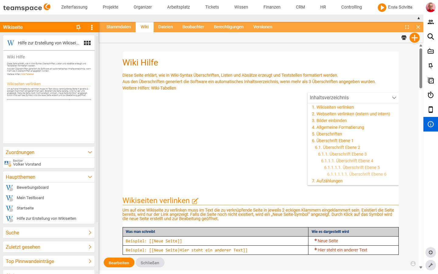 Wiki-Detailmanager, Reiter Wiki im Anzeige-Modus mit linker Sidebar (Akkordeon-Boxen) und rechts die formatierte Seite mit Inhaltsverzeichnis