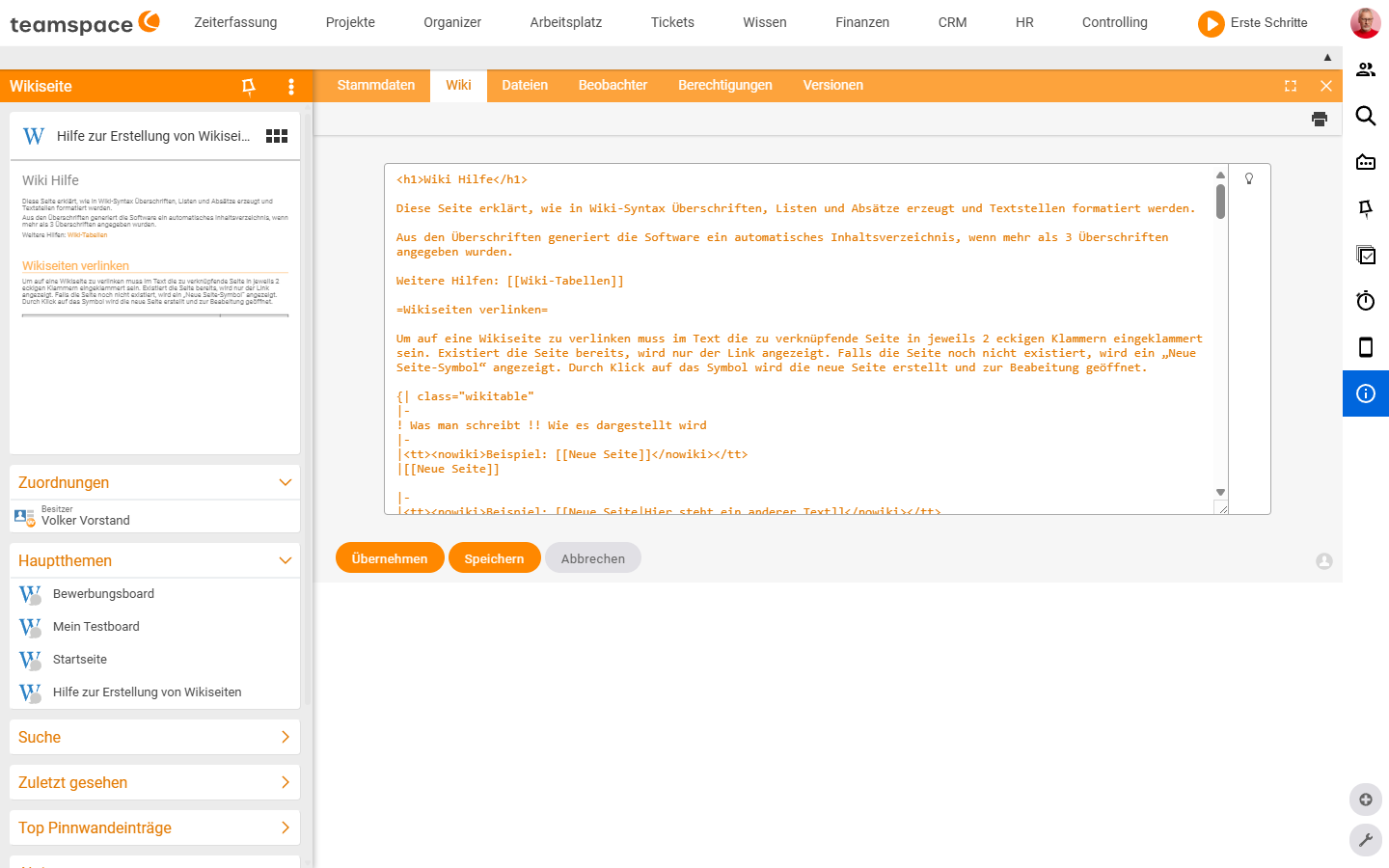 Wiki-Editor im Bearbeiten-Modus mit Textarea voll Wiki-Syntax-Quelltext, Lampe-Icon oben rechts und Buttons Übernehmen/Speichern/Abbrechen