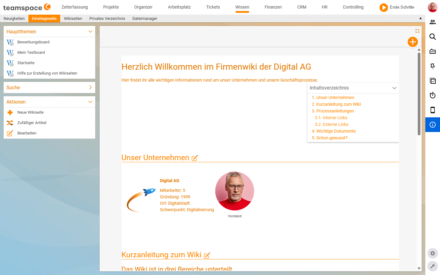 Tab Einstiegsseite – formatierte Wikiseite mit linker Sidebar (Hauptthemen, Suche, Aktionen) und schwebendem Inhaltsverzeichnis