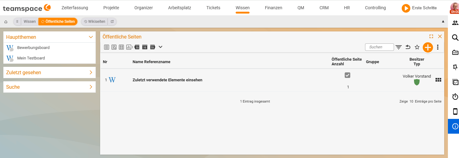 Liste „Öffentliche Seiten