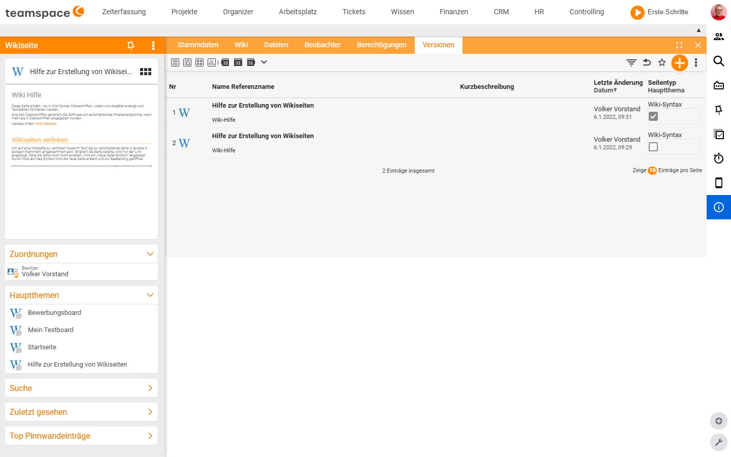 Detailmanager, Reiter Versionen mit der Historie der gespeicherten Stände einer Wikiseite