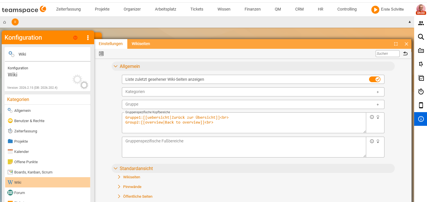 Wiki-Konfiguration (Konfiguration → Wiki → Einstellungen), Bereich „Allgemein