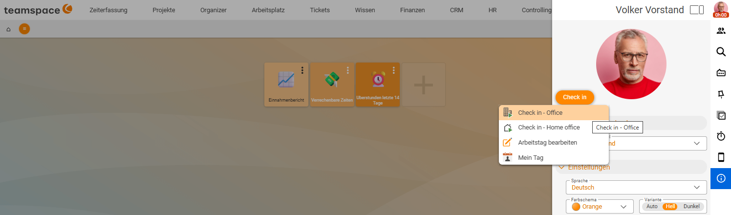 Check-in-Aufklappmenü mit Auswahl des Arbeitsorts: Check in – Office und Check in – Home office