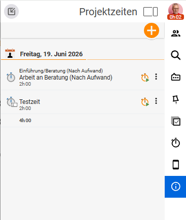 Projektzeiten-Seitenleiste mit den an einem Tag gebuchten Projektzeiten (Beratung, Testzeit) und ihren Summen