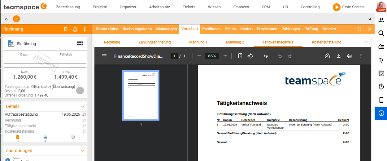 Rechnung im Reiter Vorschau mit dem Tätigkeitsnachweis-PDF: Datum, Bearbeiter, Kategorie, Beschreibung und gebuchte Stunden