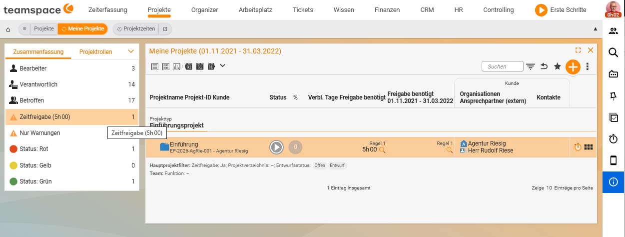 Kachel Meine Projekte mit dem Filter Zeitfreigabe und einem Projekt, das eine ausstehende Stundenfreigabe (kleine Uhr) anzeigt