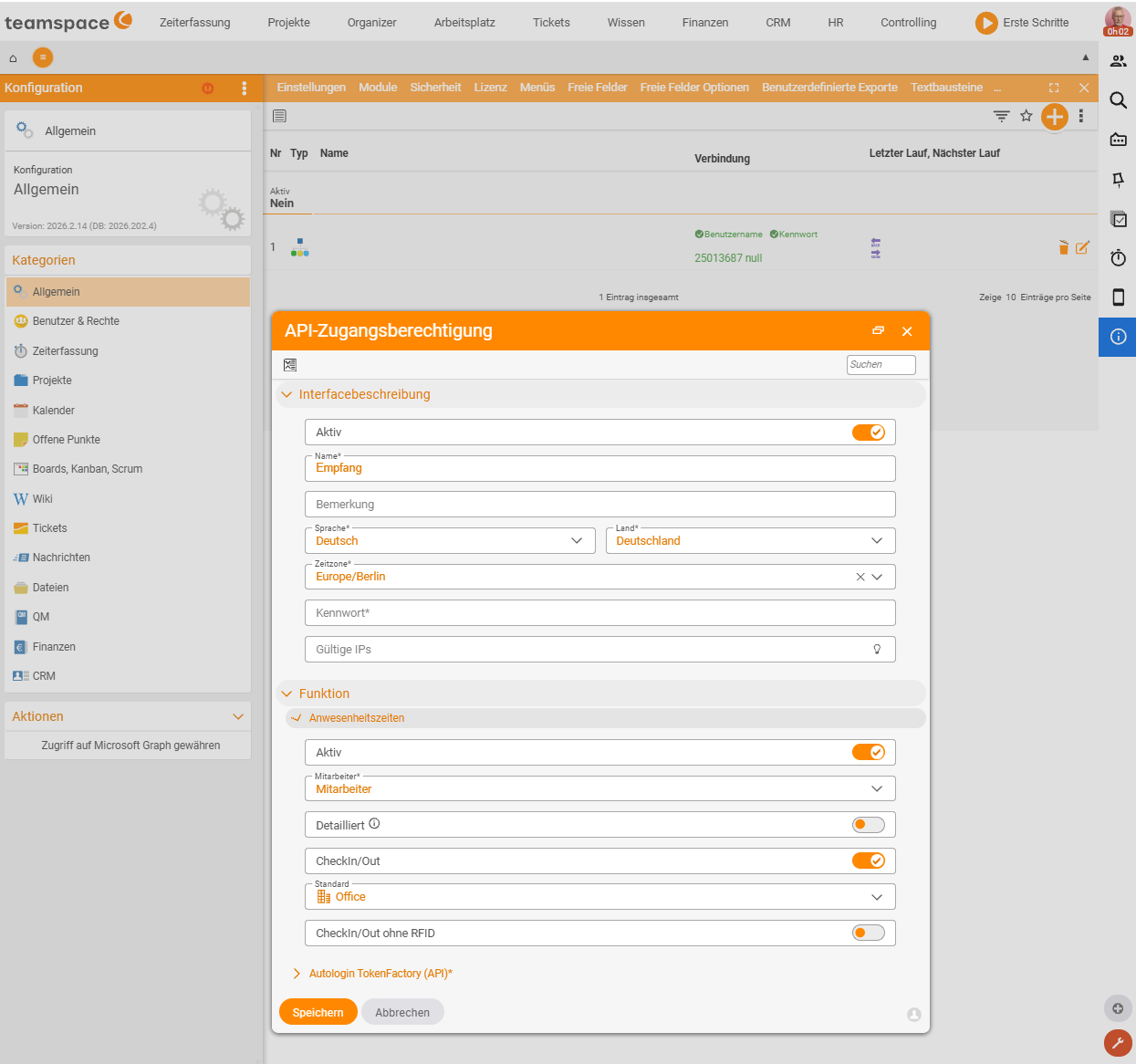Dialog Zugangsberechtigung in der Konfiguration mit der Funktion Anwesenheitszeiten, aktiviertem CheckIn/Out und der Standard-Kategorie Office