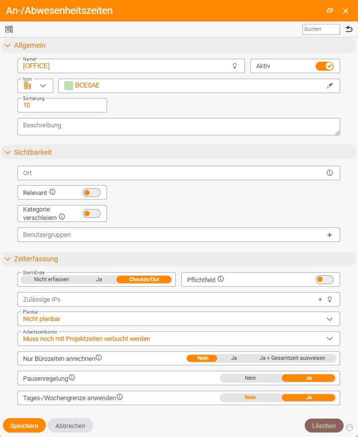 Kategorie-Dialog An-/Abwesenheitszeiten mit Name, Icon, Sortierung und im Abschnitt Zeiterfassung dem Schalter Start-Ende auf CheckIn/Out sowie Pausenregelung