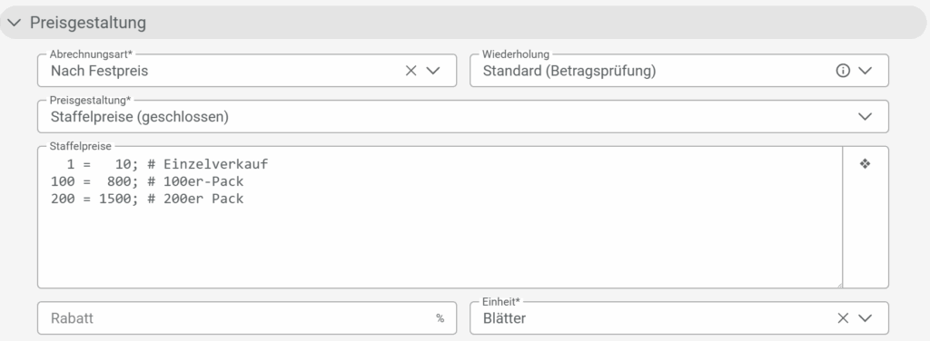 Bildschirmfoto eines Onlineformulars zu Eingabe von Staffelpreisen