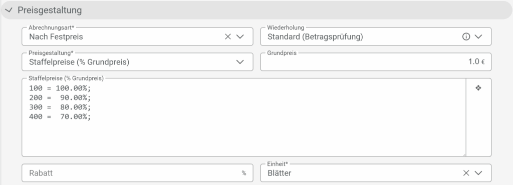 Bildschirmfoto einer Formulareingabe von Prozent-Staffelpreisen